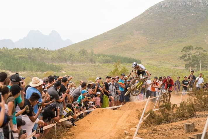   Schurter shreds the cross-country race at the 2018 World Cup opener in South Africa.
