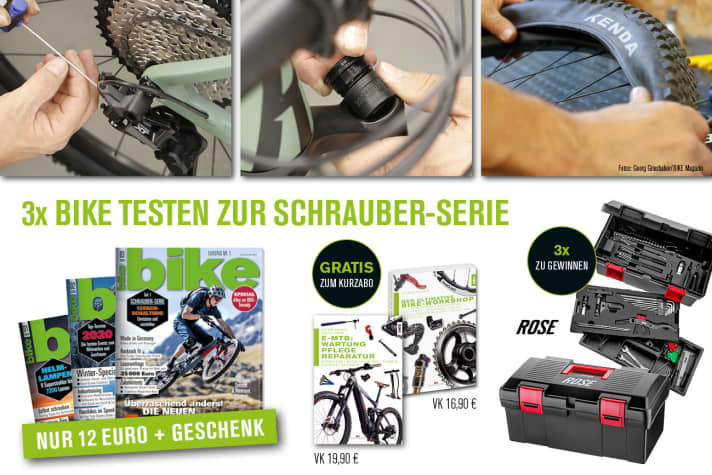 There's a great offer for the Schrauber series: three issues of BIKE for just 12 euros (instead of 16.50 euros). Plus a gift of your choice. Best of all, all subscribers to the Schrauber short subscription will be entered into an exclusive prize draw to win three ROSE repair boxes!  <a href="02478b/" rel="noopener noreferrer">Get your BIKE short subscription here</a> | a>