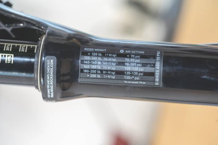 Air pressure recommendations on a suspension fork from Rockshox