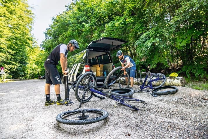   A lot of manual work on the pump was the order of the day during the big BIKE tyre test.