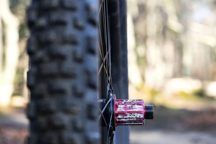   The 13-speed cassette requires a special freewheel and a matching hub. Due to the small flange distance, the spokes are extremely steep. Our measurements did not show really good, but unproblematic stiffness values.