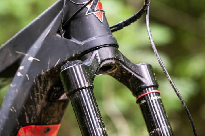   Die stämmige Gabel passt sich insbesondere in kräftige E-MTBs gut ein und gestaltet den Übergang von Steuerrohr zu Gabelkrone stimmig. 