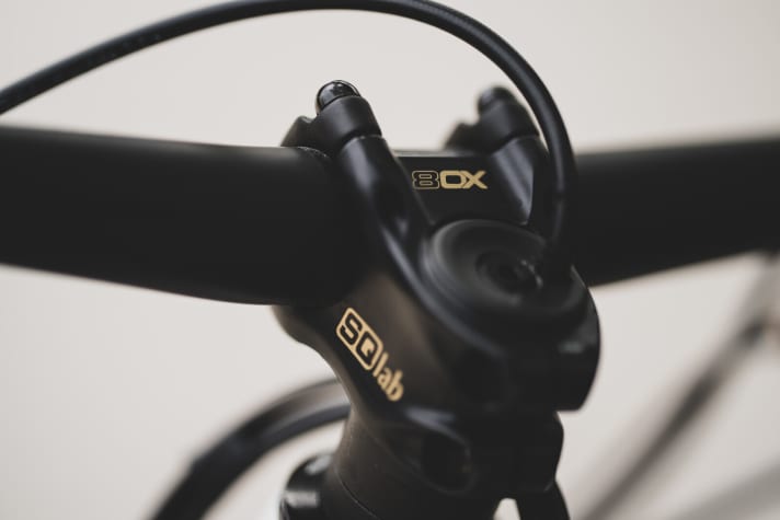  Fabio's SQlab 8OX stem is 35 millimetres short and secures the front brake line during Barspin.