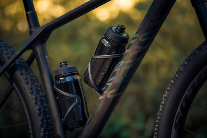  The 835 gram Exceed CFR frame of the LTD model with rainbow design lettering and space for two large water bottles.