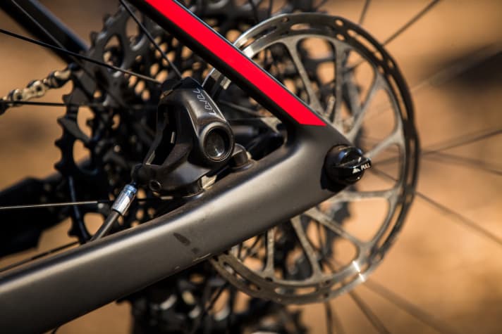   The rear brake sits on the chainstay to save space thanks to the flat mount.