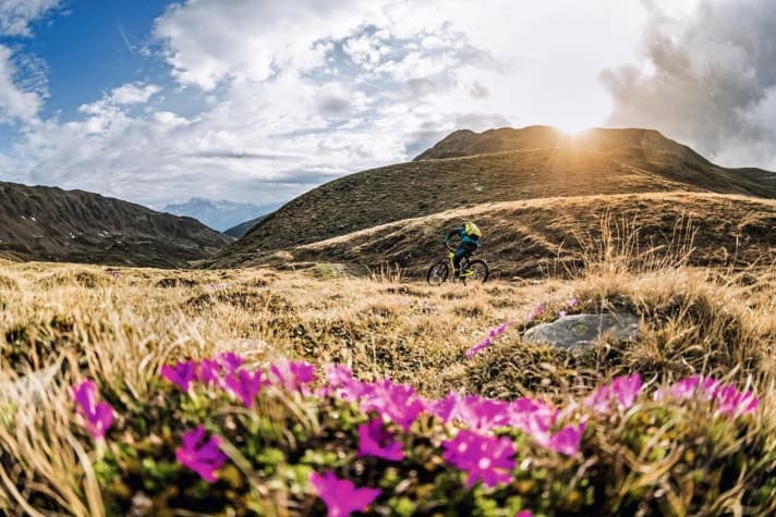   Der Einstieg in die Abfahrt ist zunächst recht flowig. Später zeigt der Trail seine Zähne und wird auch mal schroff und ausgesetzt.