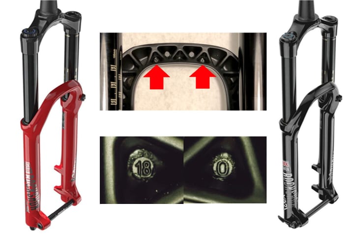   Die Federgabeln Rockshox Lyrik (links) und Yari (rechts) in den Farben Schwarz oder Schwarz/Rot sind von einem Rückruf betroffen. Wichtig: Nur Modelle mit dem sogenannten Casting-Code "18" und "O" oder "19" und "A" sind fehlerhaft und müssen getauscht werden. Der Code befindet sich zwischen den Versteifungsrippen des Verbindungsstegs der Tauchrohreinheit.