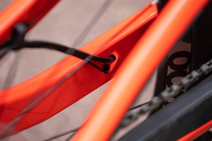   Neatly integrated! The brake line and the speed sensor cable run through two separate openings.