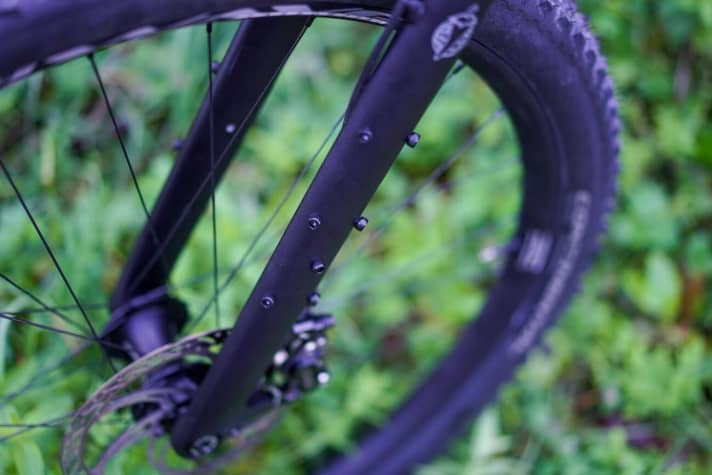   The Firestarter fork from Salsa Cycles offers various mounts for lights, pannier racks and/or additional bottle cages. Without attachments, the parade of screws is reminiscent of a rivet bracelet.