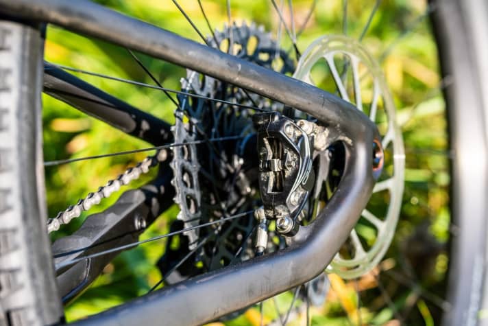   Kein Horst Link in der Kettenstrebe. Dafür flexen die Sitzstreben. Die Verlängerung der Kettenstreben wie beim Evo-Modell fällt damit weg. Die wachsen jetzt mit der Rahmengröße.