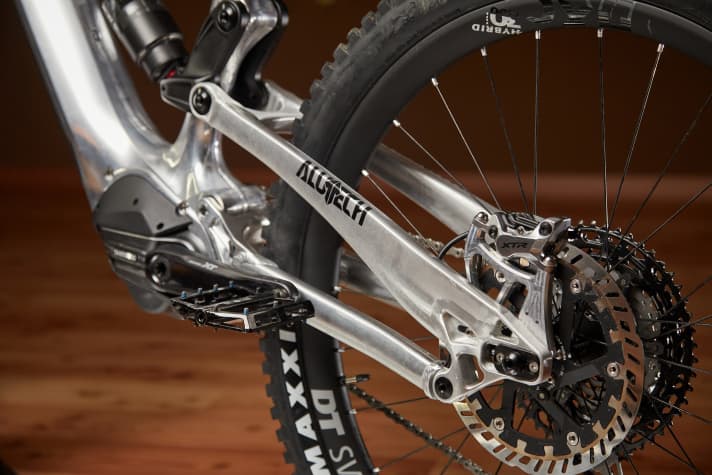   Die Kettenstrebenlänge kann am STS-Hinterbau individuell eingestellt werden. Ein Shimano EP8-Motor ist das Aggregat der Wahl im Alutech.