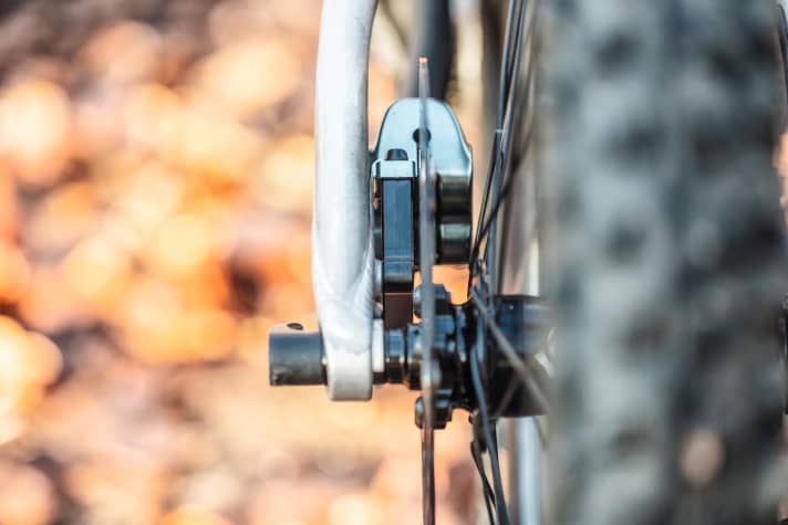   The rear brake mount is well protected within the seat stays. However, this makes the rear triangle quite wide and restricts the heel clearance.