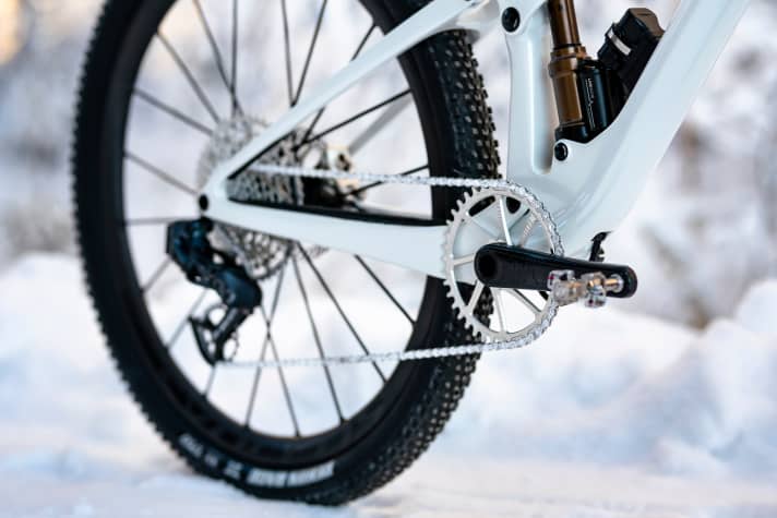   The 40 mm Garbaruk chainring sits on a Tune carbon crank.