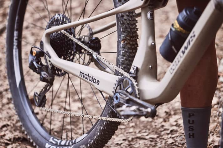   Das Alpeca-Fully bietet Platz für zwei Flaschenhalter und kommt mit einem 1x12 Sram GX-Antrieb und FSA-Teilen.