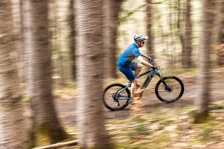 Mit ausgefeilter Fahrtechnik und Körpereinsatz kann man mit <a href="https://www.awin1.com/cread.php?awinmid=15695&awinaffid=471469&clickref=B+E-MTBs+Hardtail&ued=https%3A%2F%2Fwww.fahrrad-xxl.de%2Ffahrraeder%2Fe-bike%2Fe-bike-mtb%2Fe-bike-hardtail%2F%3Fo%3Dpopularity" target="_blank" rel="noopener noreferrer nofollow">E-Hardtails</a> * auch auf rumpeligen Wegen fahren.