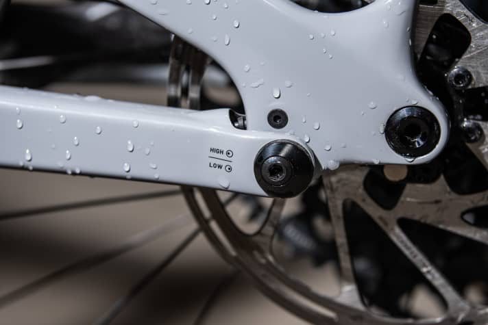   Speedsensor-Integration: Next Level! Der Geschwindigkeitssensor ist komplett im Ausfallende eingelassen. Das einzig sichtbare Teil ist eine kleine Schraube und das Kabel im Spalt zwischen Kettenstrebe und Ausfallende. So geht Integration.