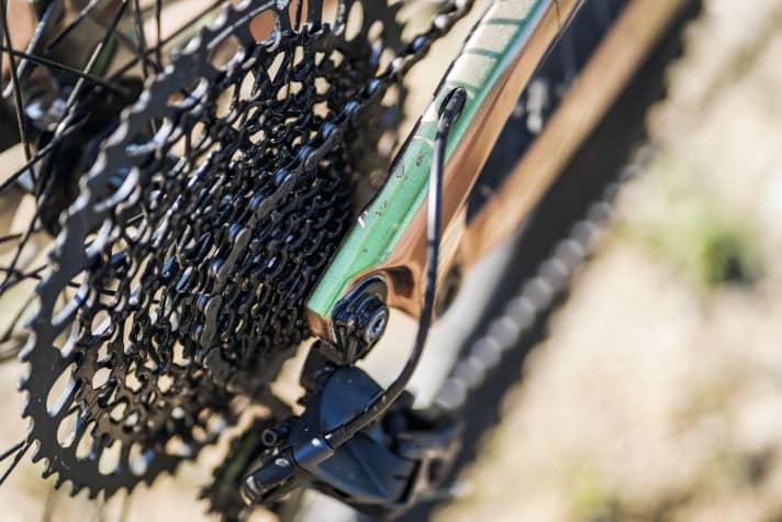   Cannondale Jekyll 1: Maßanfertigung: Für bessere Laufradstabilität und Steifigkeit wurde das Hinterrad außer Mitte eingespeicht.