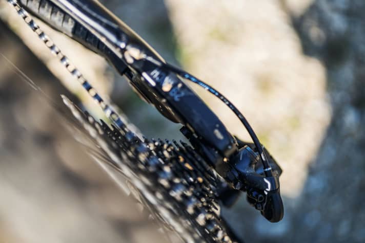   YT Capra 29 Core 4: A Sram UDH derailleur hanger guarantees the best possible spare parts supply. The slimmer rear triangle offers more heel clearance.