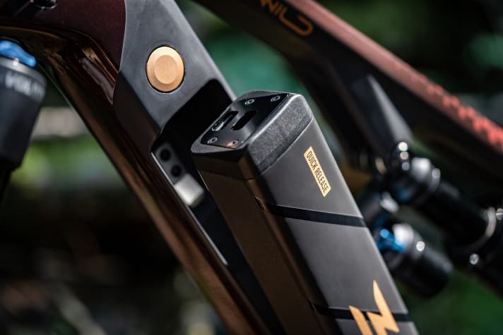   Wie bei den anderen 375er-Modellen von Rotwild kann der 1,9 Kilogramm schwere Akku einfach per Knopfdruck entnommen werden.