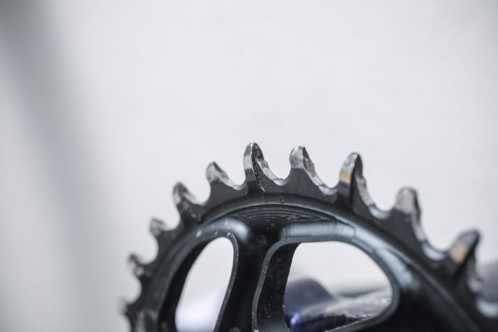   Twelve-speed chainring from Sram with alternating thick and thin teeth (Narrow-Wide).  