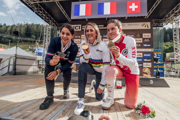   The women's podium: (from left) Marine Cabirou (silver), Myriam Nicole (gold), Camille Balanche (bronze).