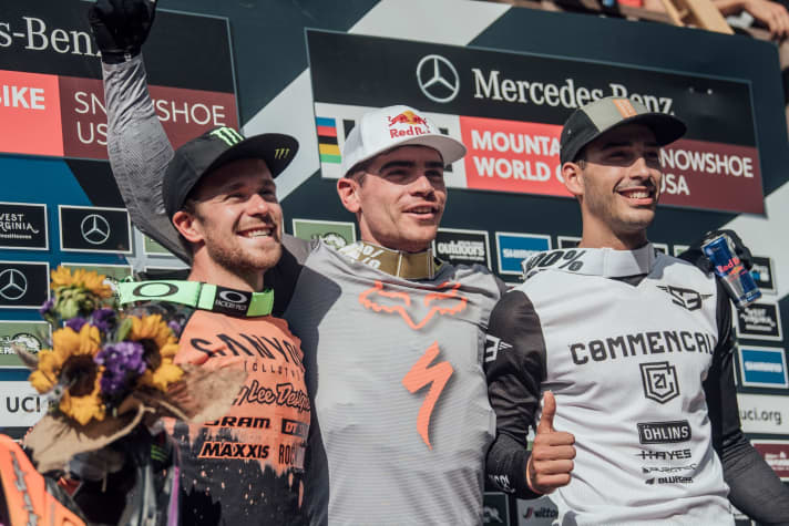   Spaniard Angel Suarez and Troy Brosnan (left) had to line up behind Loic Bruni.