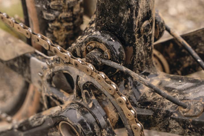   The rotating cable guide in the main bearing of the Simplon Cirexc SL can be fitted with an optional chain guide.