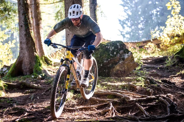   What brings advantages on sloping roots takes some getting used to on fast berms: the rear triangle of the Mondraker is not very stiff and twists noticeably under load.