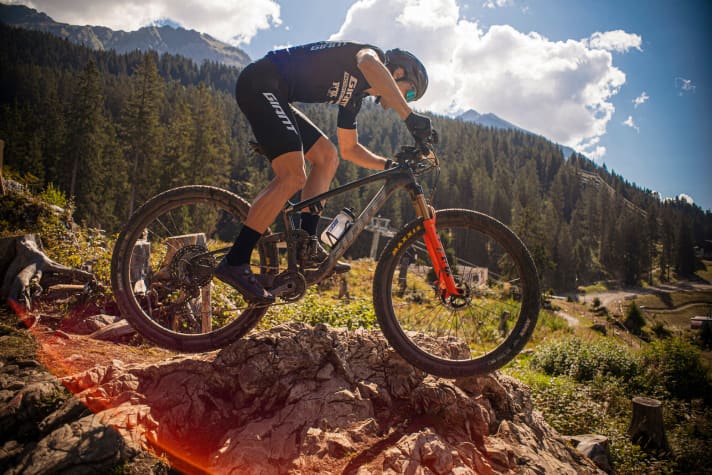   Frenchman Antoine Philipp from the Giant Factory Offroad Team tests a prototype of his new competition bike at the UCI World Cup in Lenzerheide.