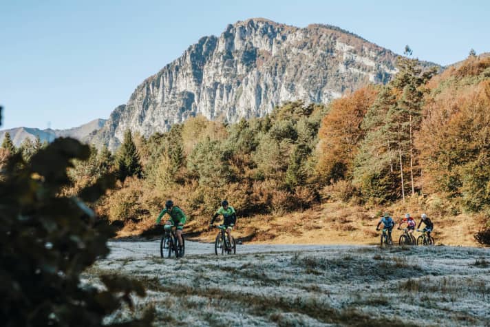 Die Marathon-Meute ist schneller auf den ersten Gipfeln als die Sonne. Manche Trails sind noch von Raureif überzogen.