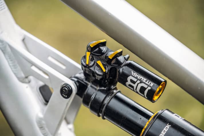   Cane Creek's Kitsuma damper offers the full range of adjustment options for the Salsa Blackthorn. Some knobs are very stiff.