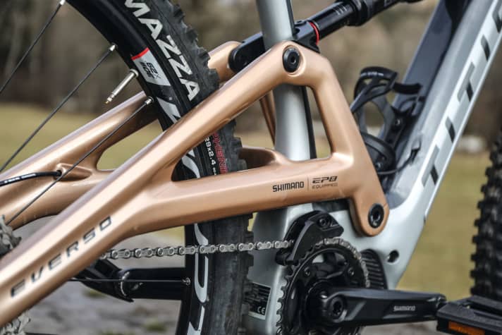   Titici Everso Premium: Die schicke Carbon-Schwinge ist schutzlos der Kette ausgesetzt. Lackabplatzer und Klappergeräusche inklusive.