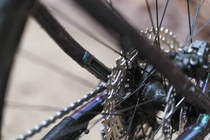   Stevens Sentiero: Die Aussparungen in den Ausfallenden sollen das Gewicht drücken. Die Shimano SLX funktioniert tadellos.