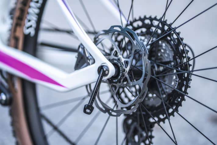   Canyon Lux CF9 Emily Batty: Everything as usual: Thanks to the in-house Pull-Axle, the rear wheel of the Lux Trail can also be removed without tools.