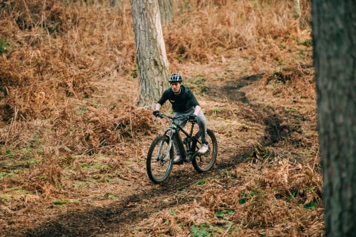   Sam Reynolds shows what the E-Fine is built for: downhill fun! The motor means more descents per day.