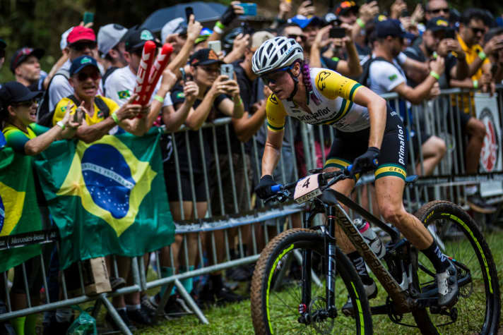   Catching up: Australian Rebecca McConnell coped well with the hot conditions and won the opening race in Brazil.