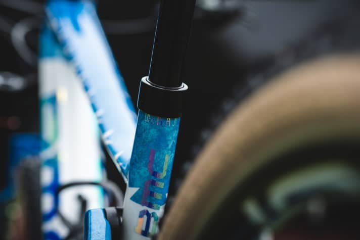   Pauline's motto "life is a joke" has not only made it onto her neck as a tattoo, but also as a design element on the seat tube.