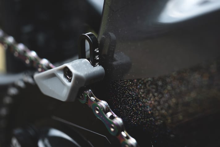   A chain guide is installed here that supports up to 40 teeth on the chainring.