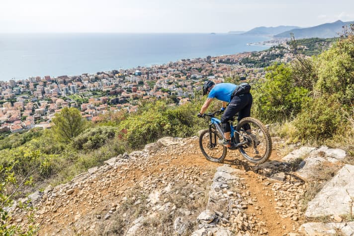 Now pull the front brake firmly and shift your centre of gravity forwards/outwards - the rear wheel rises into the air.