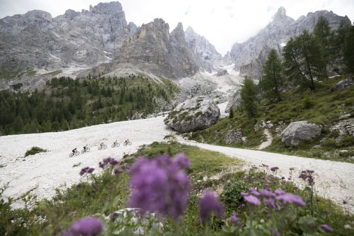 The superstar among this year's BIKE Transalp passages: the Passo Rolle with its fabulous panorama of the Dolomites