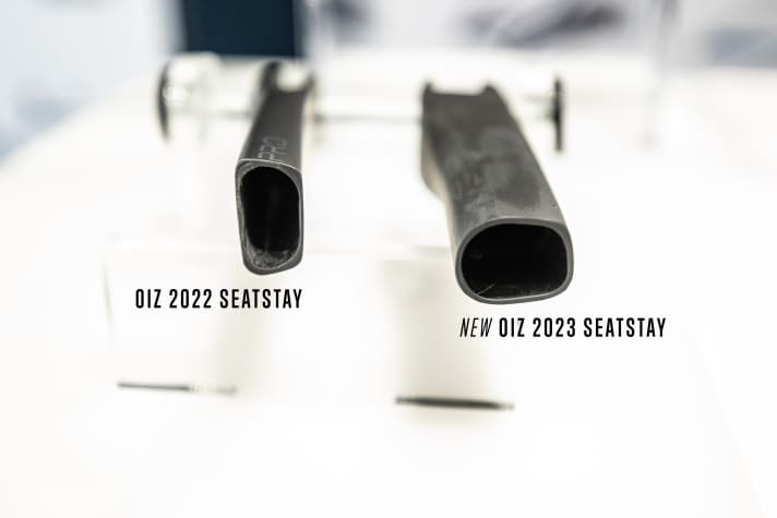 Cross-sections of the seat stays on the Orbea Oiz: the old design on the left, the new one on the right.
