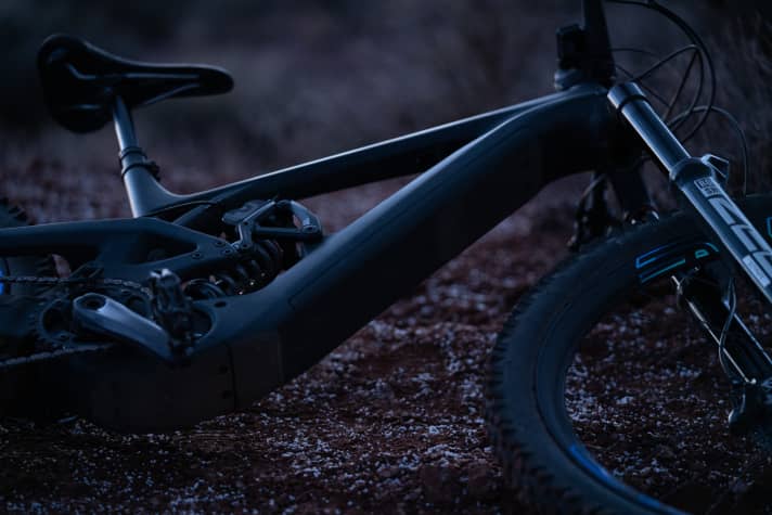 The triangular shape of the chain and seat stay and the triangular shock linkage give the rear triangle its name. Delta-Link. Steel springs can also be used.