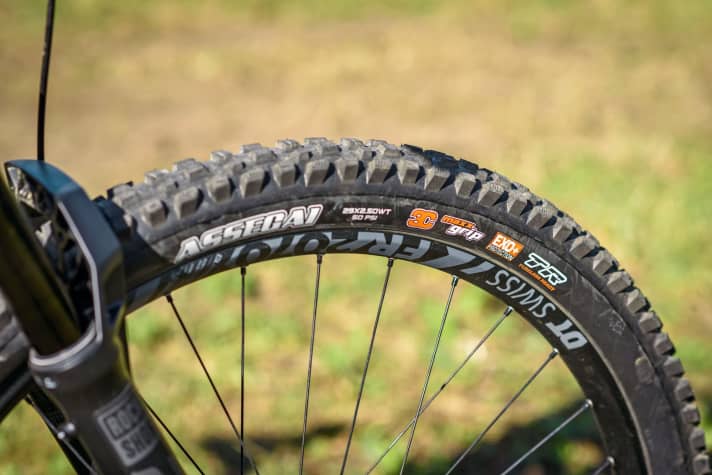 Die DT-Swiss-Freeride-Laufräder mit Maxxis-Double-Down-Hinterreifen überstehen jeden Bikepark-Einsatz.