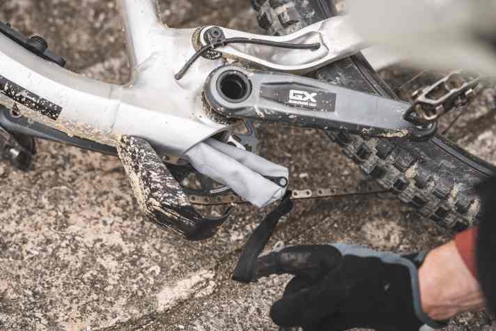 Each tool bag in the down tube is a hand-sewn, recycled one-off. The simple folding mechanism works well.