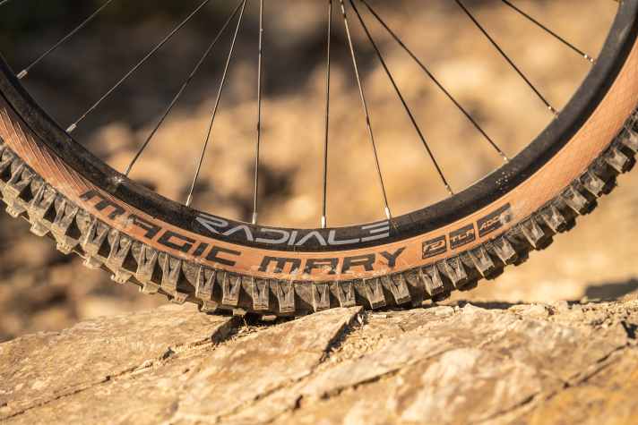 Schwalbe's Magic Mary in the affordable performance version works well on dry surfaces and lasts a long time, but starts to wobble earlier in wet conditions on slippery roots or stones. Tuning potential!