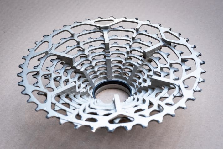 The lightweight 12-speed steel cassette is an in-house development and only compatible with the Powershift hub. | Photo : Jörg Spaniol