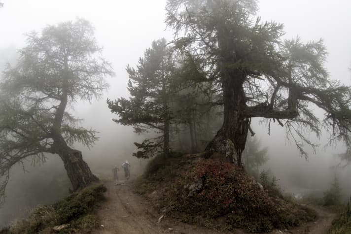 Spuky, aber doch unheimlich schön: Die Portail de Fully-Abfahrt mal nicht mit Super-Panorama, sondern im Nebel.
