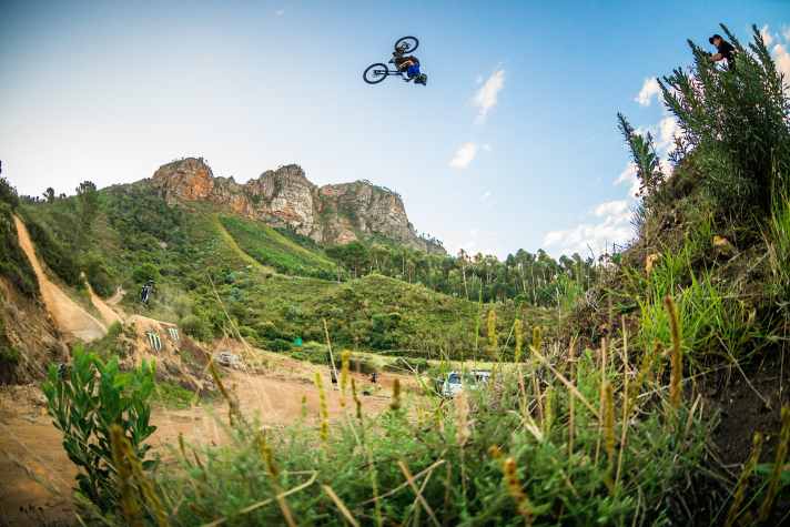 If you think this is the biggest jump - think again! Here Sam Hodgeson flips over the 90 footer. The 110 footer is next to it.