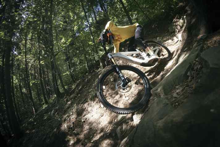 Tester and test bike somewhere in the forests of Poland.