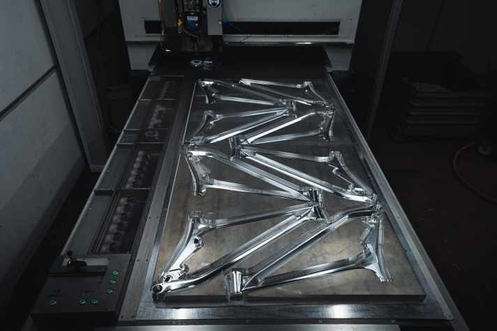 The Actofive frames are created from a large block of aluminium on a CNC milling machine. The 32-inch main frame has to be longer than its 29er counterpart.